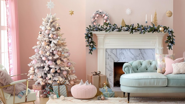 Photo un magnifique arbre de noël rose et des décorations dans un salon