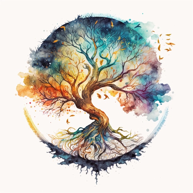 Magnifique arbre de vie de style aquarelle arbre sacré mythologique concept de vie de guérison spirituelle individualité personnelle concept de prospérité et de croissance IA générative