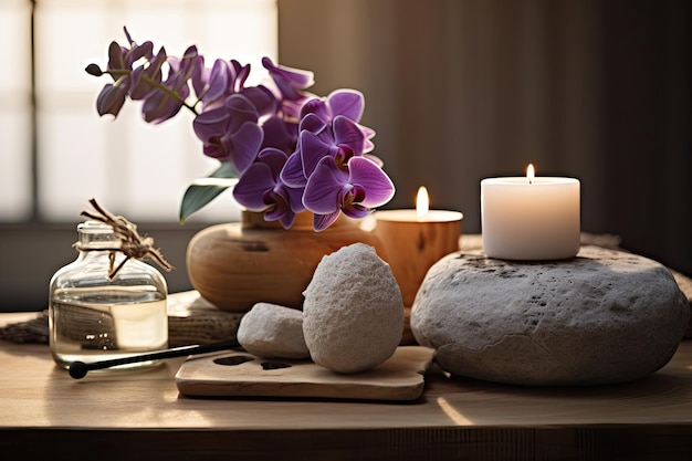 Photo magnifique arrangement de spa présenté sur une table en bois