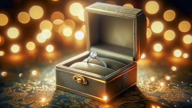 Une magnifique bague de bijoux avec un diamant niché dans une boîte à bijoux en peluche.