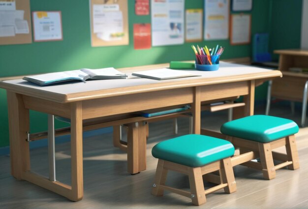 Photo magnifique banc et table de classe de l'école avec d'autres fournitures pour la journée des enseignants