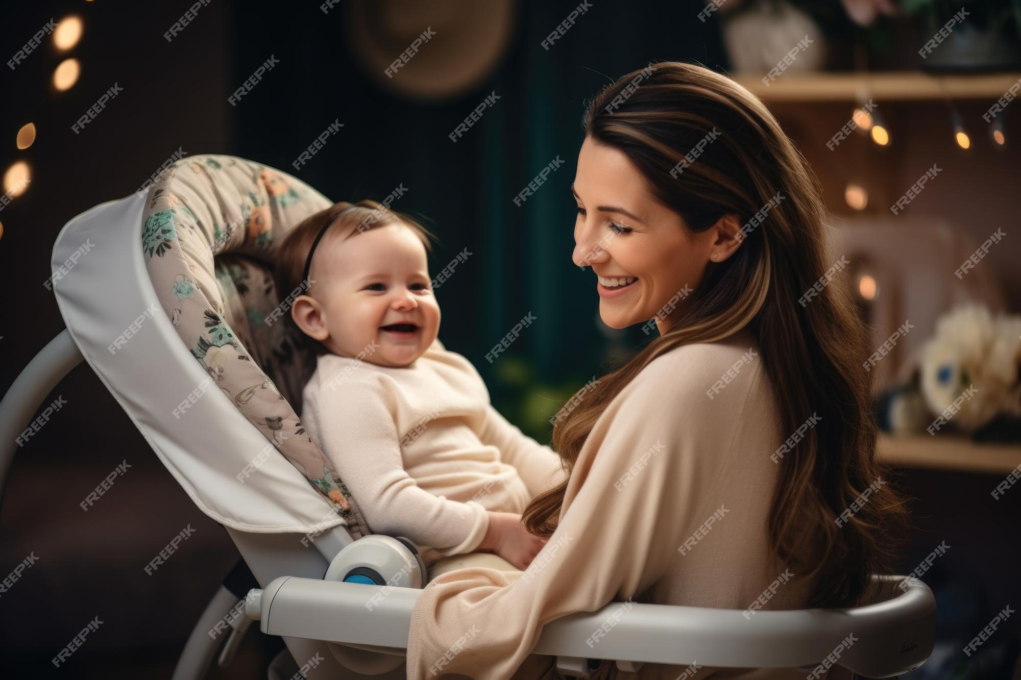 Magnifique Et Belle Jeune Mère Regardant Son Nouveau-né Assis Dans Un Siège  Bébé Et Souriant