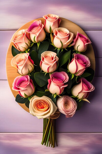 Magnifique bouquet de roses avec coeurs décoratifs en bois sur fond pastel avec espace de copie