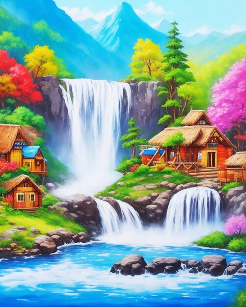 magnifique cabane créative multicolore et cascade de montagne peinture acrylique sur toile image acrylique HD