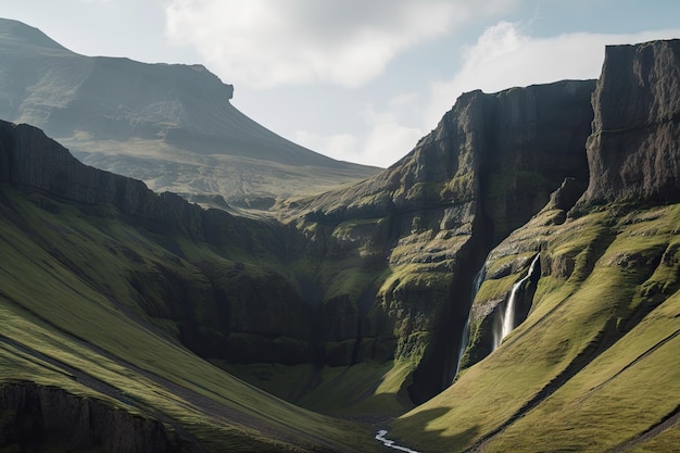 Magnifique chaîne de montagnes avec chute d'eau en cascade sur les falaises créées avec générative ai