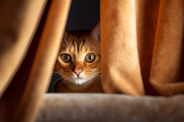 Un magnifique chat abyssinien regardant derrière les rideaux.