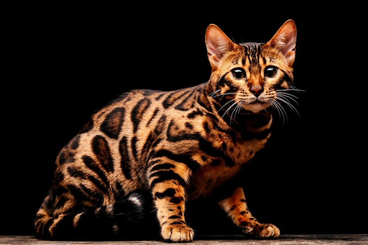 Photo magnifique chat bengal tacheté avec fond noir