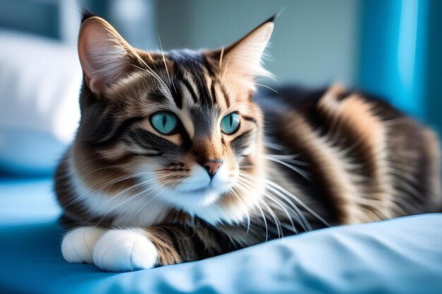 Un magnifique chat persan blanc se détend sur une douce couverture bleue avec de magnifiques yeux vert émeraude