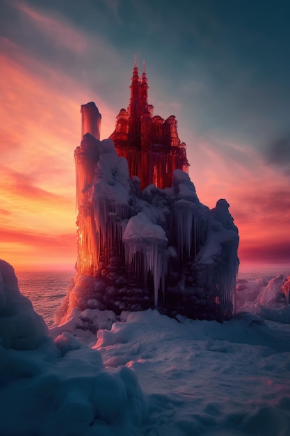 Photo magnifique château recouvert de glace et de neige au coucher du soleil