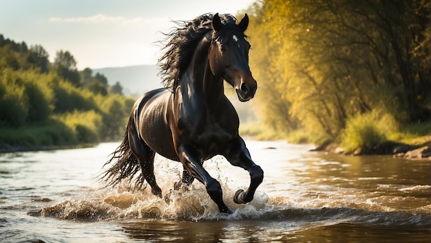 magnifique cheval noir court dans la rivière dans la nature