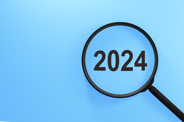Magnifique avec les chiffres des mots 2024 sur la table bleue axé sur le concept d'entreprise