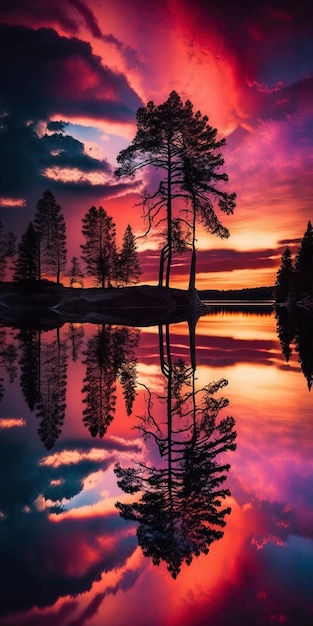 Le magnifique ciel multicolore de la Suède se reflète dans un lac rempli de reflets d'arbres.