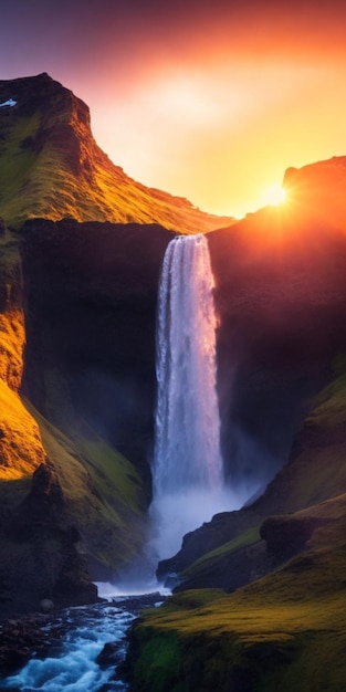 Magnifique coucher de soleil sur la cascade d'Islande