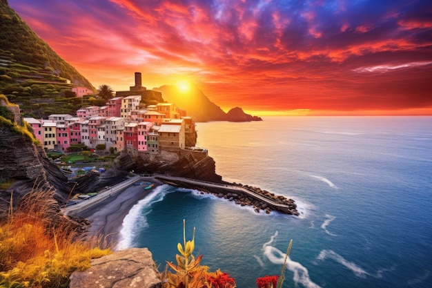 Un magnifique coucher de soleil éclairant l'océan et mettant en évidence de belles maisons perchées sur une falaise village de Vernazza et un magnifique lever de soleil Cinque Terre Italie Europe AI généré
