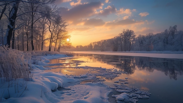 Photo un magnifique coucher de soleil hivernal sur une rivière gelée en russie