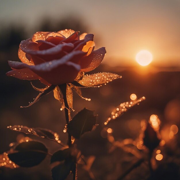 Un magnifique coucher de soleil Une magnifique rose qui fleurit serein au milieu d'un vaste champ