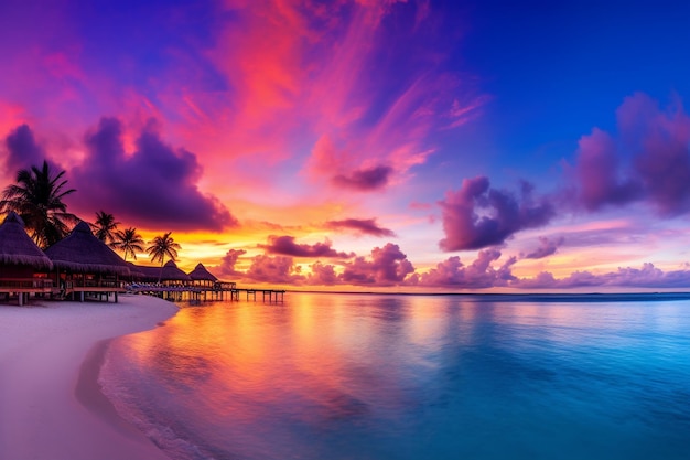 Magnifique coucher de soleil sur le paysage marin des villas de luxe des Maldives