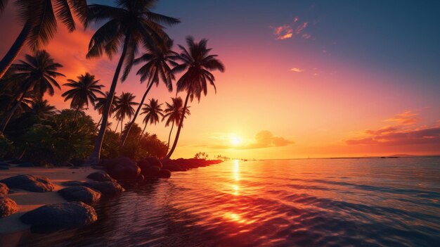 Un magnifique coucher de soleil sur une plage tropicale avec des palmiers