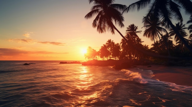 Un magnifique coucher de soleil sur une plage tropicale avec des palmiers