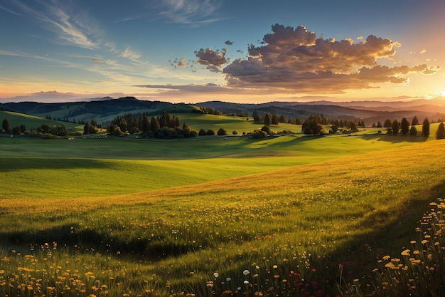 Magnifique coucher de soleil sur la prairie dans les montagnes