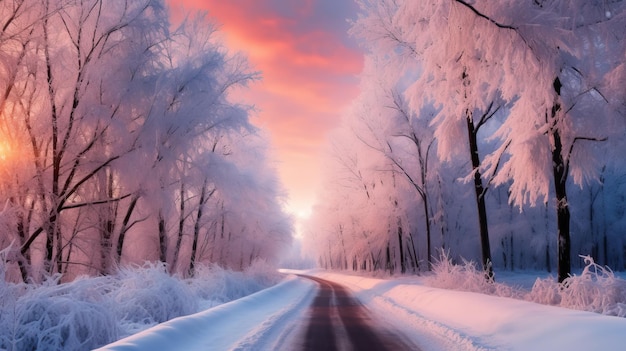 Magnifique coucher de soleil sur la route d'hiver recouverte de neige