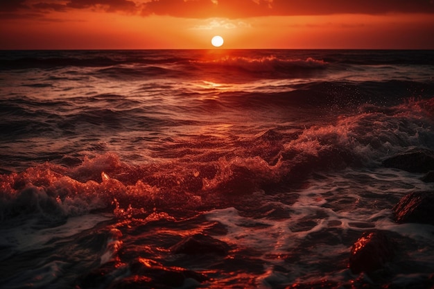 Magnifique coucher de soleil sur les vagues de l'océan créé avec la technologie Generative AI