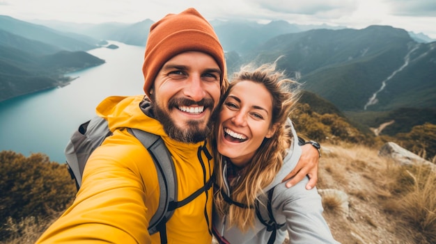 Magnifique couple prenant des selfies en montagne