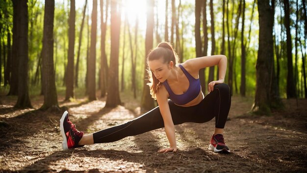 Une magnifique coureuse fait des exercices d'étirement dans le bois au soleil.