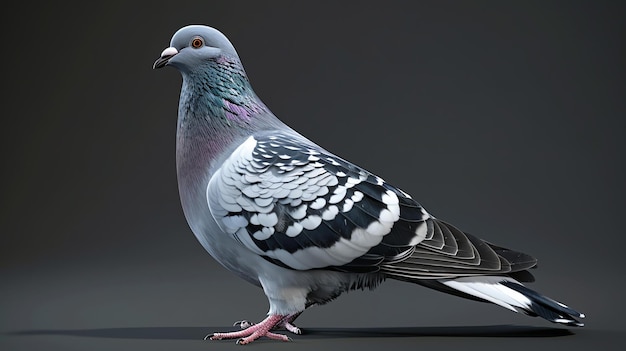 Photo un magnifique et détaillé rendu 3d d'un pigeon le pigeon se tient sur une surface sombre et regarde à gauche du cadre