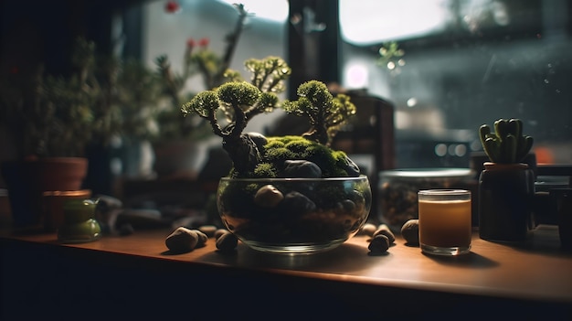 Magnifique écosystème de terrarium avec une vie végétale vibrante et du verre réfléchissant