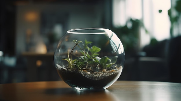 Magnifique écosystème de terrarium avec une vie végétale vibrante et du verre réfléchissant