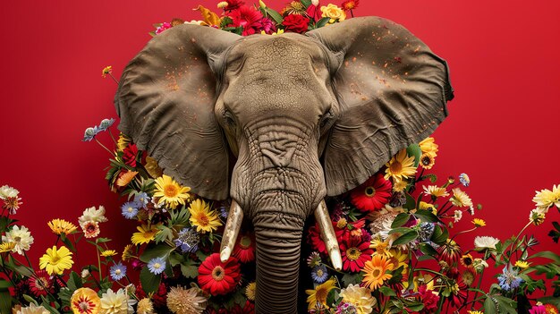 Un magnifique éléphant se tient dans un champ de fleurs l'éléphant est gris et a de grandes oreilles les fleurs sont colorées et brillantes