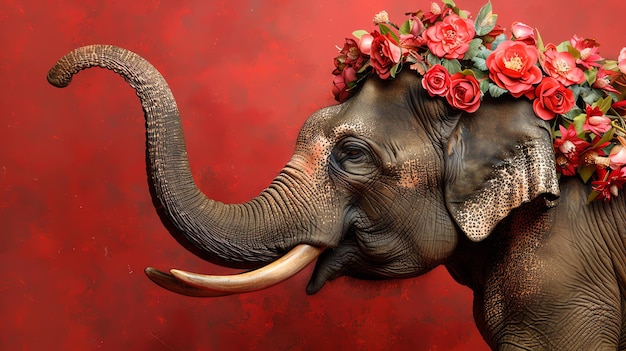 Un magnifique éléphant se tient devant un fond rouge. L'éléphant a une couronne de fleurs sur la tête et regarde la caméra.