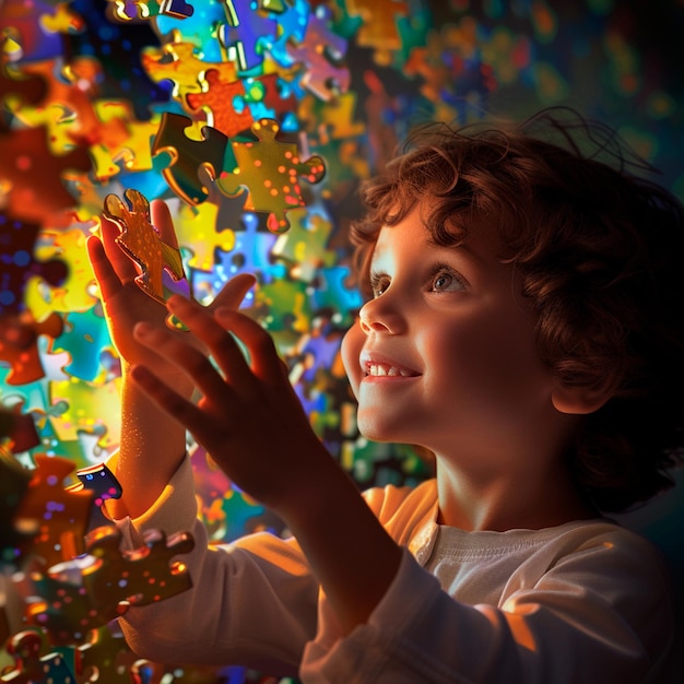 Un magnifique enfant autiste entouré d'un univers de pièces de puzzle colorées