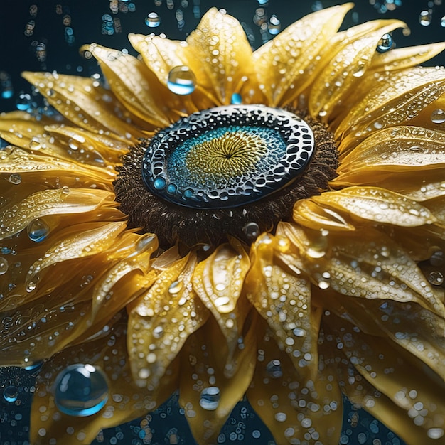 Magnifique ensemble de tournesols, particules légères, gouttes d'eau