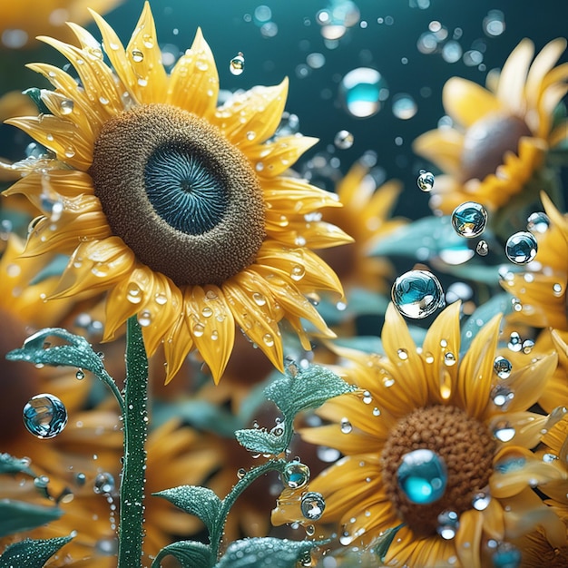 Magnifique ensemble de tournesols, particules légères, gouttes d'eau