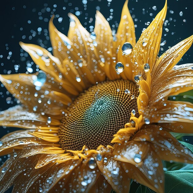 Photo magnifique ensemble de tournesols, particules légères, gouttes d'eau