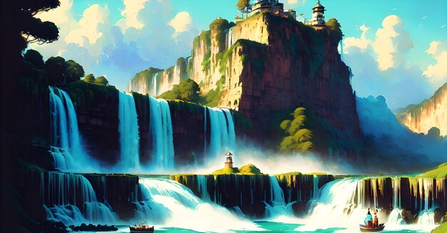 Magnifique étang de cascade tropicale dans la forêt jungle fantasy nature paysage fond d'écran AI Généré pour les livres pour enfants histoires contes de fées