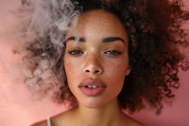 Une magnifique femme afro-américaine aux cheveux bouclés fumant sur un fond rose Ai générative