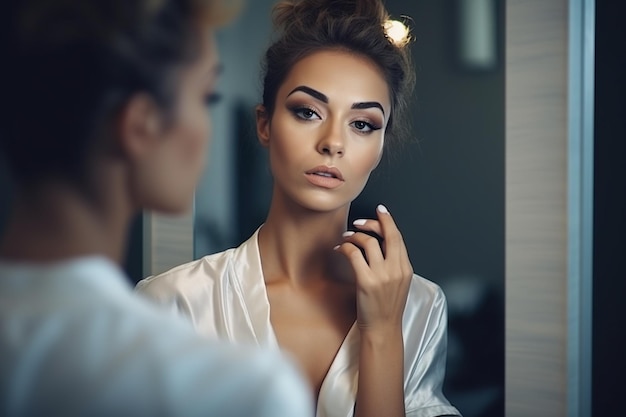 Une magnifique femme appliquant du maquillage devant le miroir.