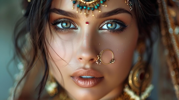 Une magnifique femme indienne avec des cosmétiques impeccables et des ornements de henné de l'Est Generative Ai