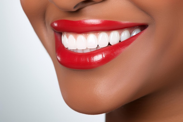 Photo une magnifique femme noire avec un sourire radieux, un rouge à lèvres rouge et des dents blanches comme des perles.