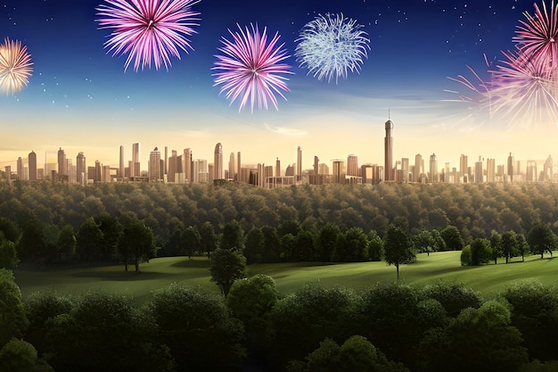 Un magnifique feu d'artifice sur la forêt avec la ville en toile de fond