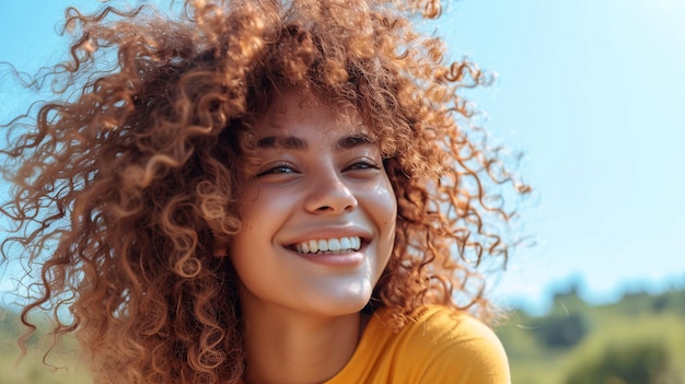 Une magnifique fille aux cheveux bouclés qui se réjouit au soleil.