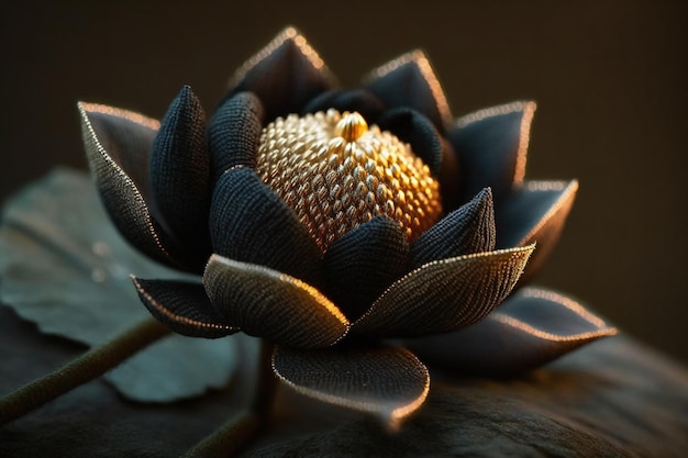 Magnifique fleur de lotus tricotée avec tige Vantablack avec des pétales dorés et noirs scintillants.