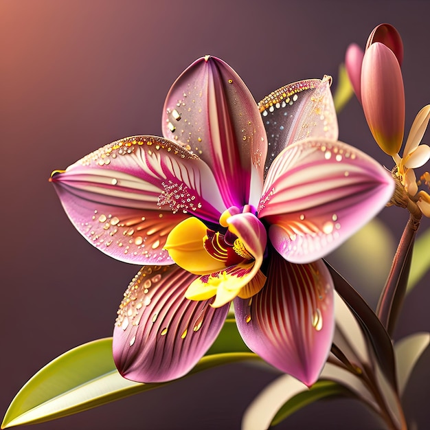 Une magnifique fleur d'orchidée Cattleya de couleur chocolat avec des gouttes de rosée du matin.