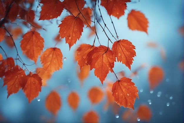 Magnifique fond d'automne avec des feuilles d'automne rouge-orange sur fond bleu avec des gouttes de pluie