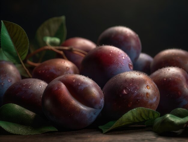 Magnifique fond biologique de prunes fraîchement cueillies créé avec la technologie Generative AI