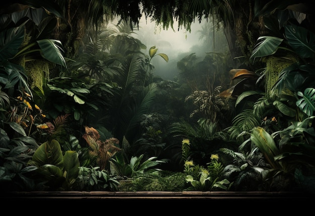 Magnifique fond de jungle avec bordure en toile de fond de feuilles tropicales avec espace de copie