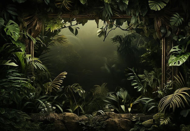 Photo magnifique fond de jungle avec bordure en toile de fond de feuilles tropicales avec espace de copie